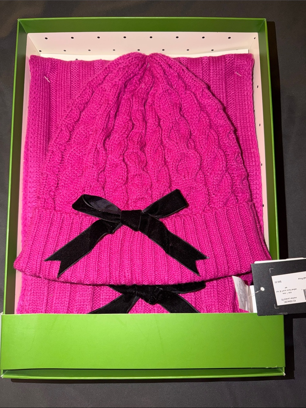 Kate Spade!! Hot Pink Cable Knit Beanie with Black Velvet Bow. Brand New!